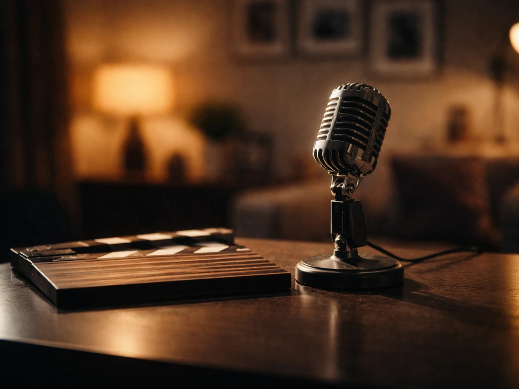 Cinematic film-studio desk with microphone, clapperboard, and warm lights suggesting entertainment wealth analysis.