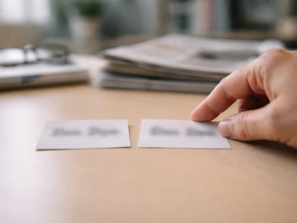 Two blurred paper clippings on a desk suggesting different spellings and name confusion.