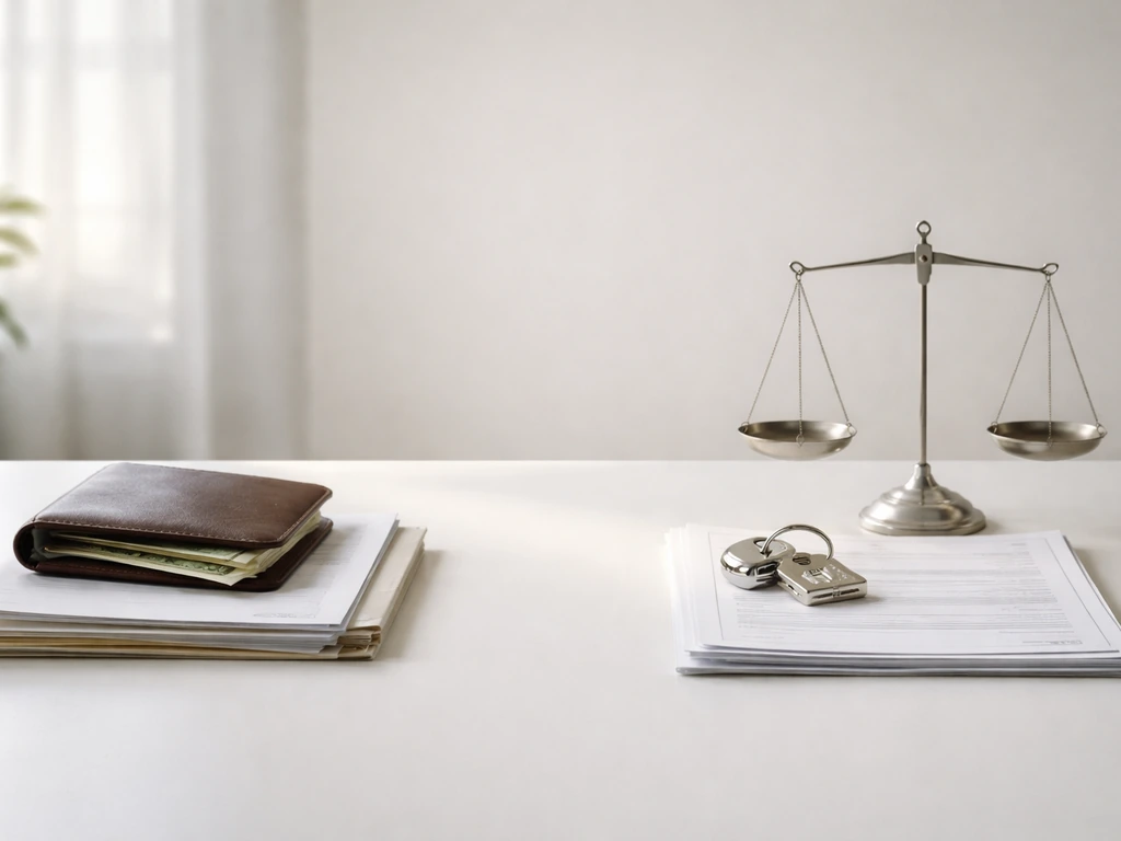 Minimal desk scene with wallet and cash vs loan papers and a small balance scale, symbolizing assets minus liabilities.