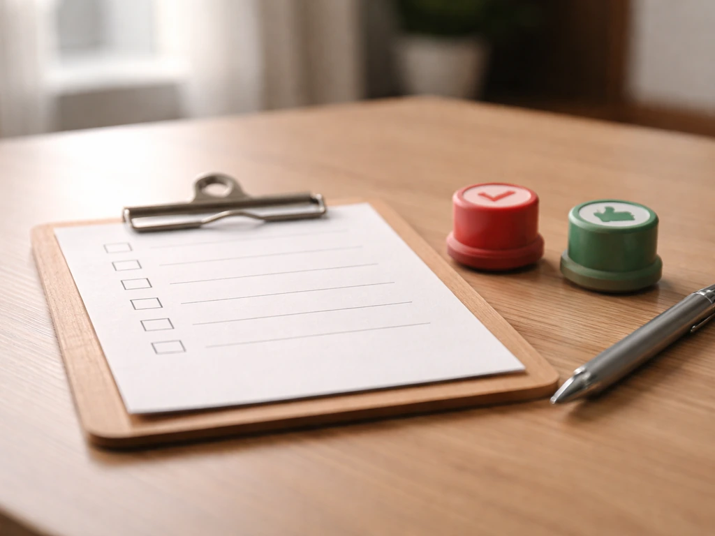 Close-up of a clipboard checklist beside a red and green stamp in a quiet office setting