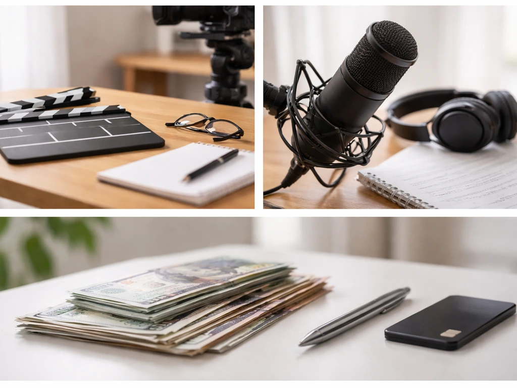 Minimal studio desk scene with film gear and cash-like props symbolizing media and entertainment careers.