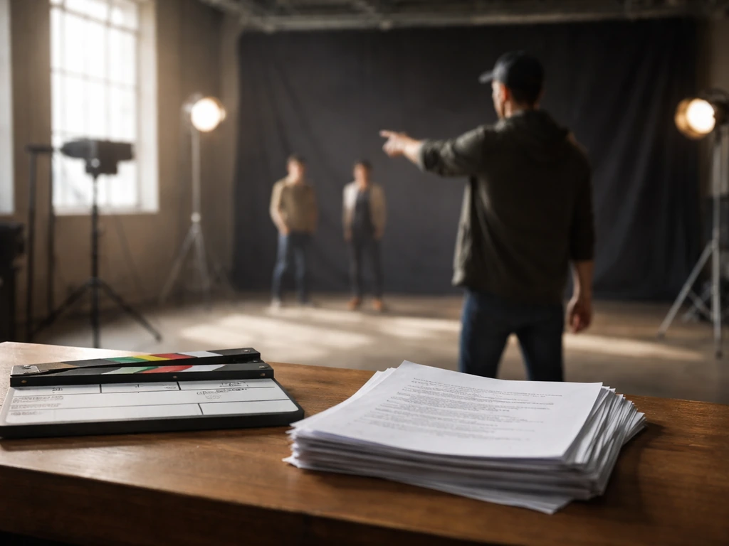 Film director directing on set with clapperboard and script pages on a simple production table