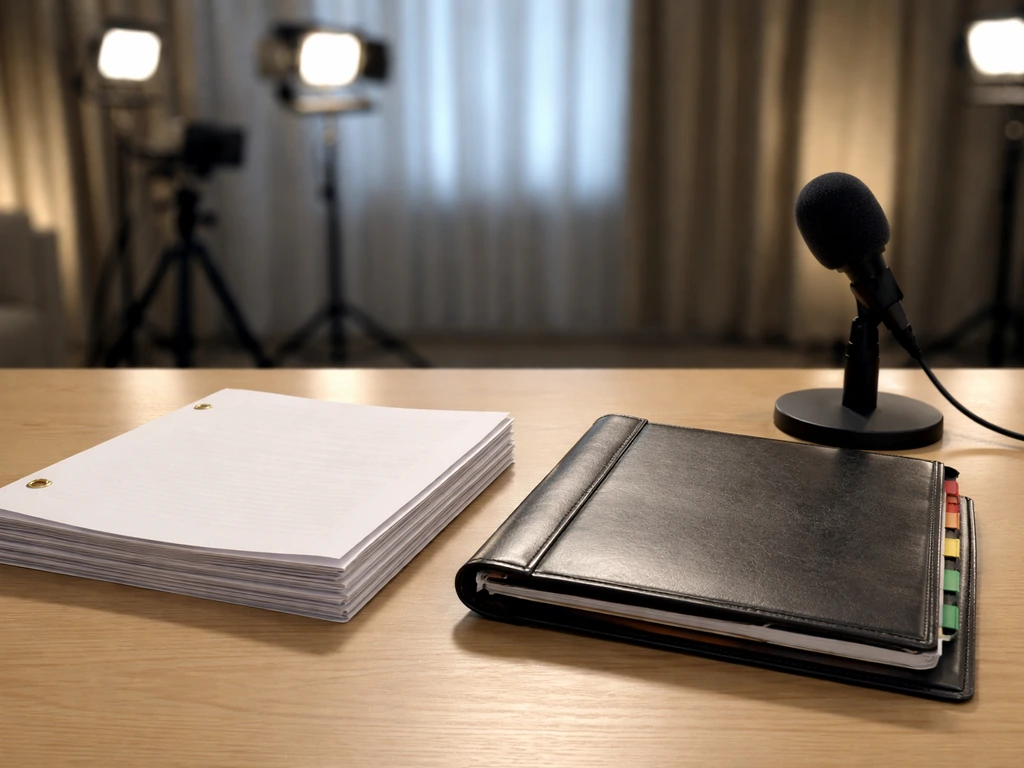 Minimal desk scene with TV scripts and a production call sheet binder, symbolizing television writing and media work.