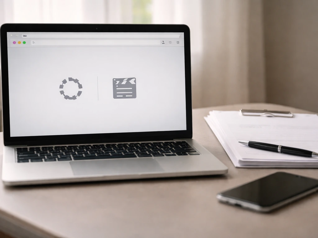 Minimal desk scene with laptop and blank filmography/verification icons for checking recent credits.