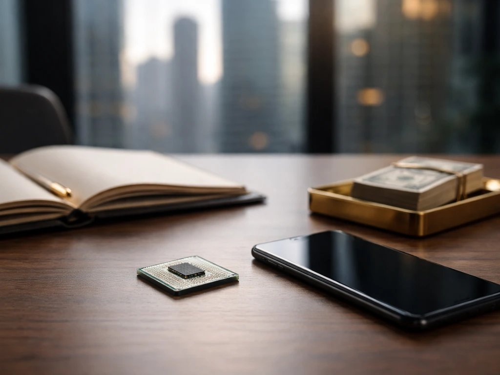 Minimal office desk with a semiconductor chip and polished cash-like objects symbolizing tech wealth analysis