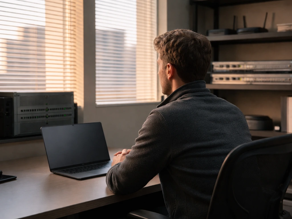 Anonymous tech professional at a desk with networking equipment in a softly lit office.