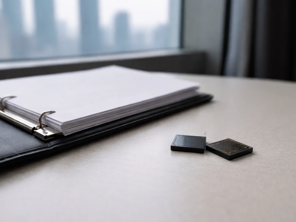 Microchips and a document binder ribbon on a desk, symbolizing equity and a 2016 acquisition.