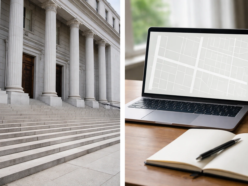 Minimal photo of a courthouse steps entrance and an empty real-estate parcel map layout on a laptop screen.