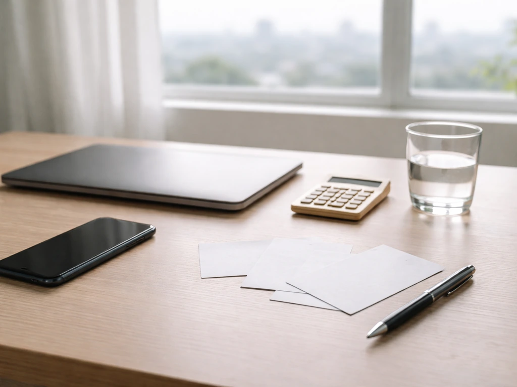 Minimal desk scene with a calculator and smartphone showing generic finance notes, symbolizing net worth estimate sites
