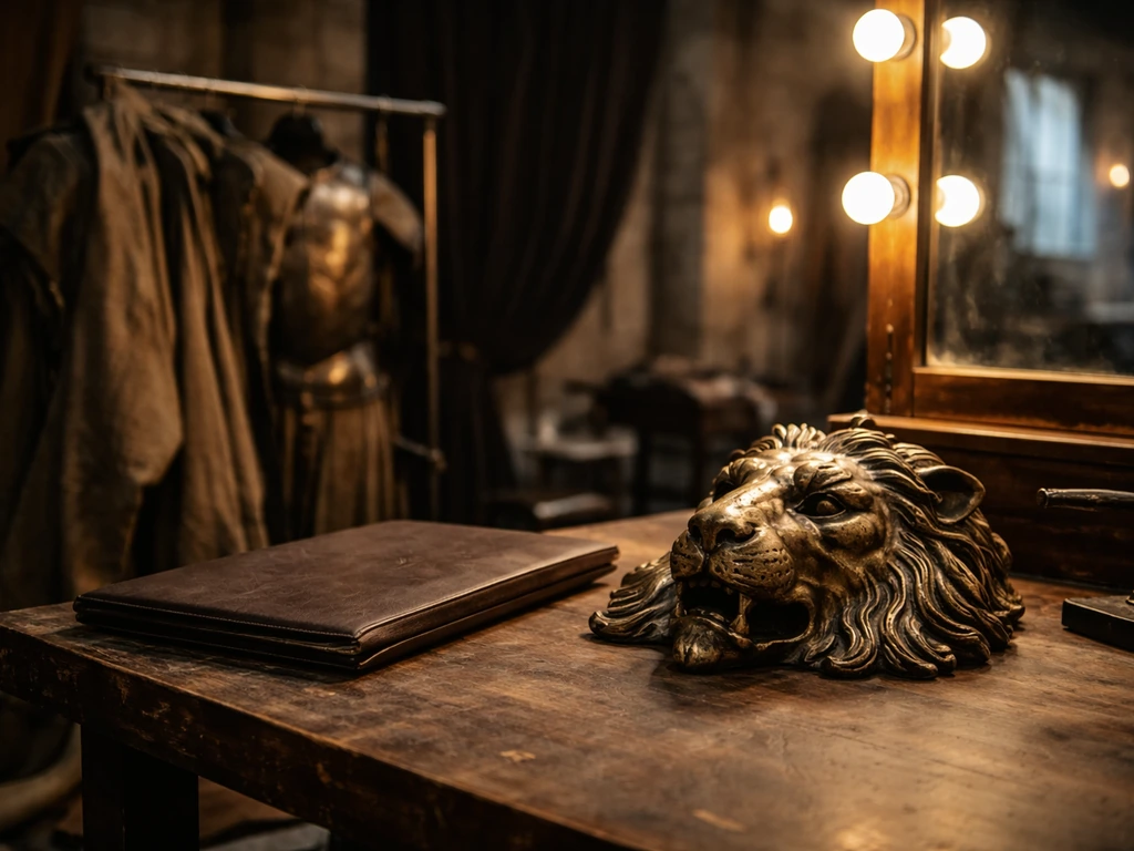 Empty medieval film set table with gold prop mask and costume pieces, symbolizing major TV earnings.