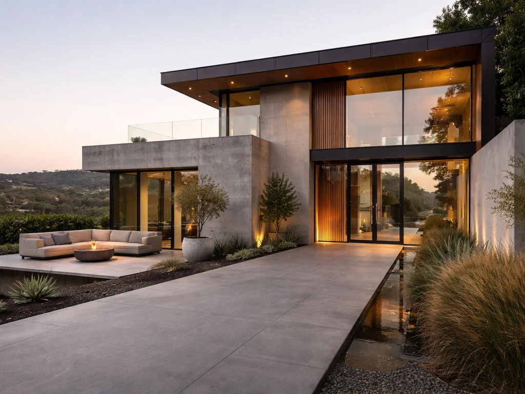Modern Hollywood Hills home with glass facade, driveway, and quiet outdoor terrace in warm sunlight.