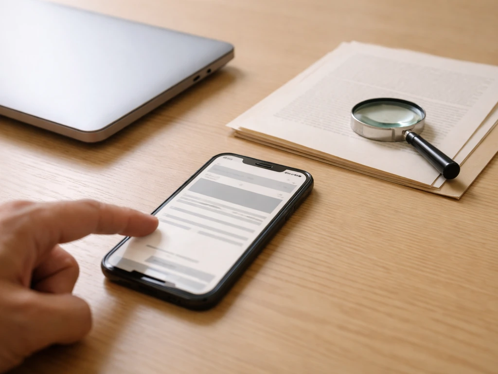 Minimal desk setup with phone displaying a “last updated” check vibe and documents for source verification.