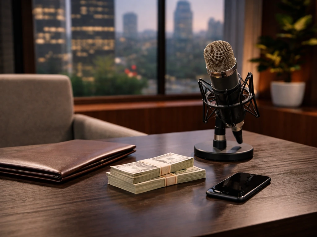 Luxury studio desk with a broadcast microphone, leather portfolio, and wealth-symbol items near a city window