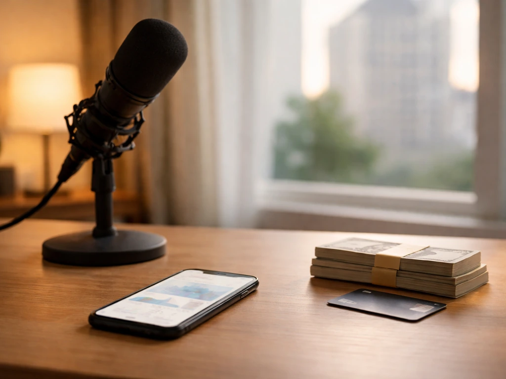 Minimal studio desk with microphone, smartphone, and cash bundles symbolizing a net worth estimate range.