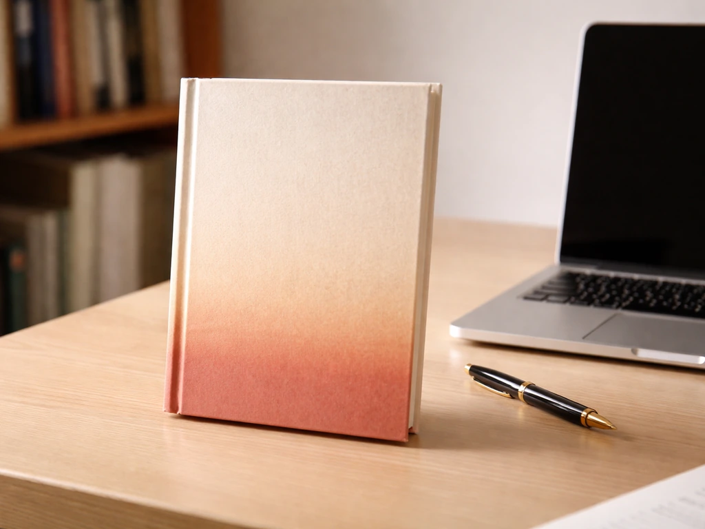 Minimal desk scene with a book mockup, pen, and closed laptop in natural light.