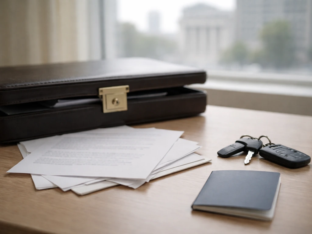 Minimal desk with briefcase, car keys, and blank documents suggesting unquantified business assets and jurisdictions