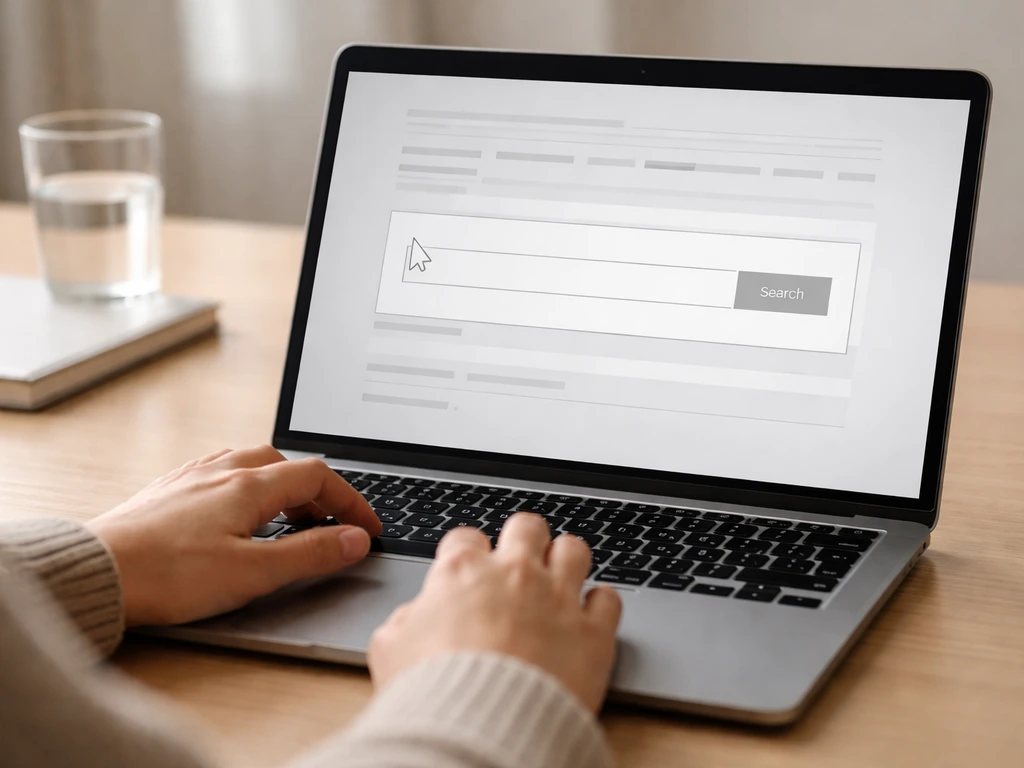 Close-up of a hand using a laptop to search BORME at boe.es for a Spanish company registry record