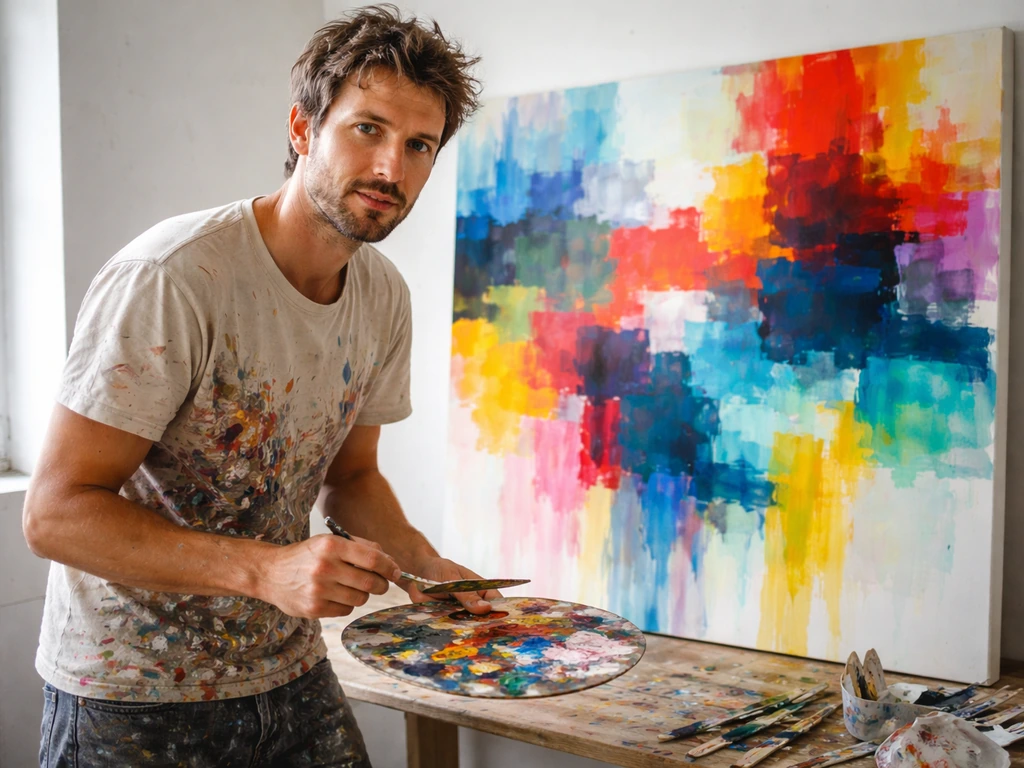Swiss visual artist Nicolas Party in an art studio, focused on painting with vibrant colors