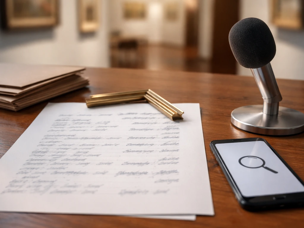 Minimal desk scene with auction catalog, microphone, and envelopes suggesting art-market pricing analysis.