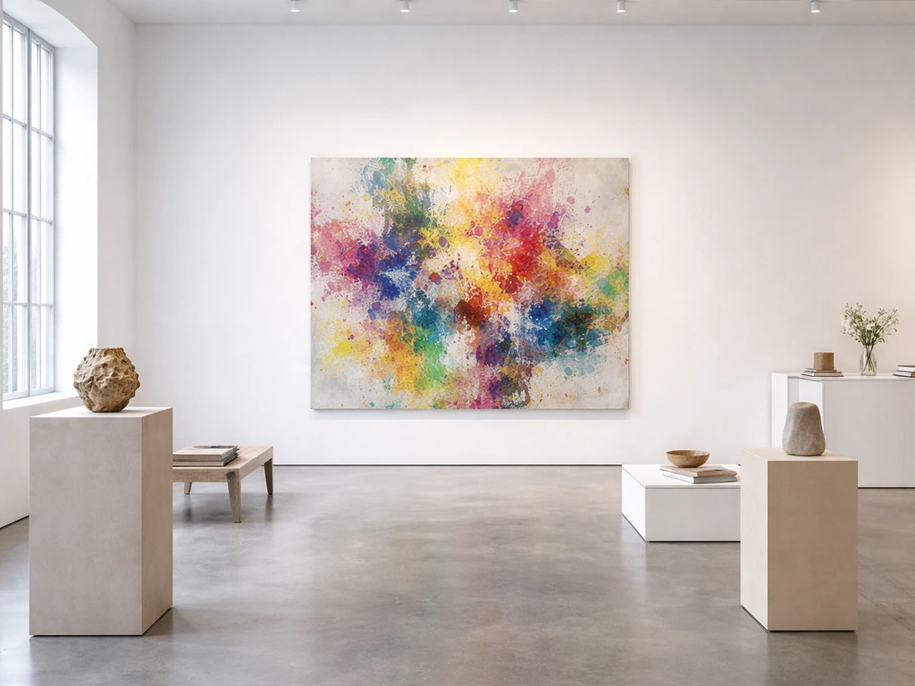Minimal contemporary gallery interior with an abstract painting and soft daylight, suggesting primary art sales context.