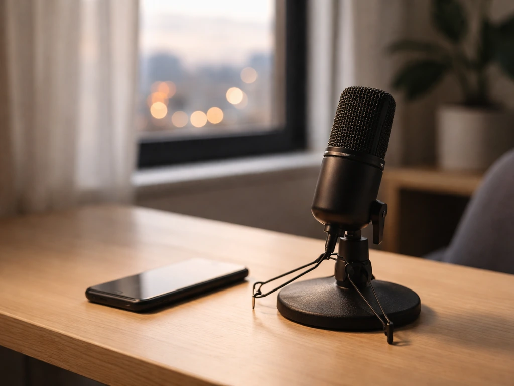 Minimal studio desk scene with microphone and blurred city window, symbolizing verifying a public figure