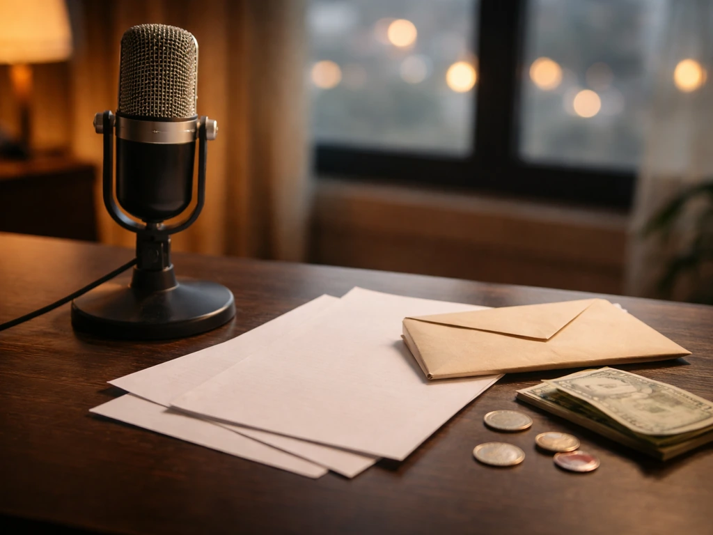 Minimal studio desk with pay-themed items: microphone, script pages, envelope, and scattered coins