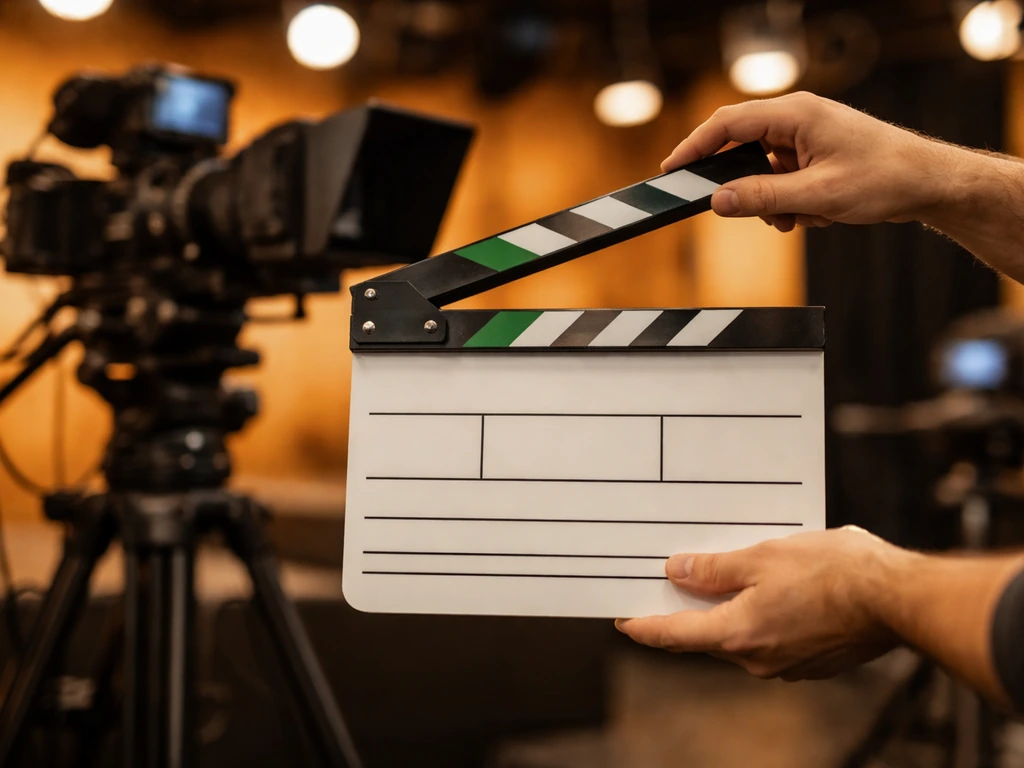 Anonymous hands adjust a clapperboard beside TV studio camera equipment, symbolizing recurring TV income.