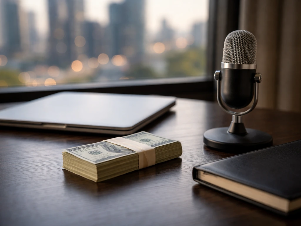 Minimal desk scene with bundled cash, a laptop and microphone, and blurred city skyline in warm light.