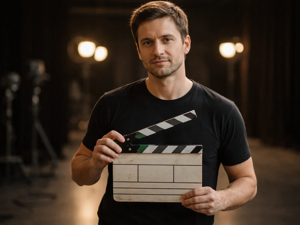 Actor in a dim film set with a clapperboard and studio lights in the background