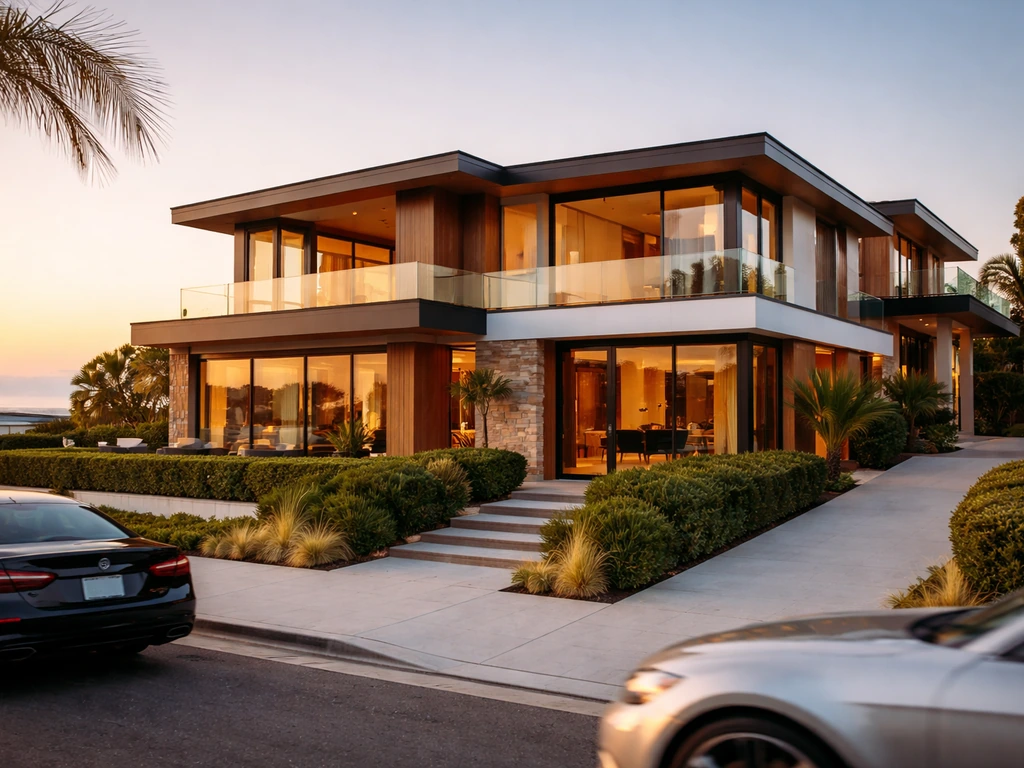 Exterior of a modern luxury Manhattan Beach estate house at golden hour, minimal and photo-realistic.