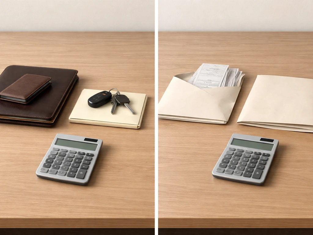 Close-up of a clean desk scene showing folders, a calculator, and a banknote beside a simple notebook