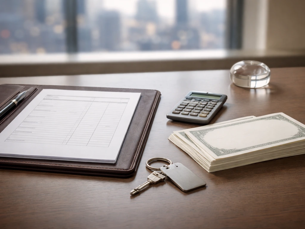 Minimal desk scene with blank finance papers, stock-certificate cards, and a calculator suggesting equity on a balance s