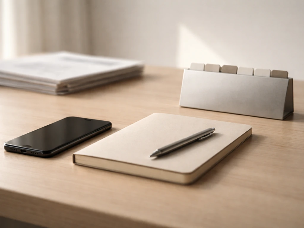 Minimal office desk with a smartphone beside a notebook, symbolic of tracking a net worth update range