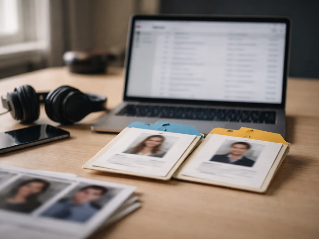 Minimal desk with laptop, blurred profile list, and out-of-focus folders suggesting same-name confusion