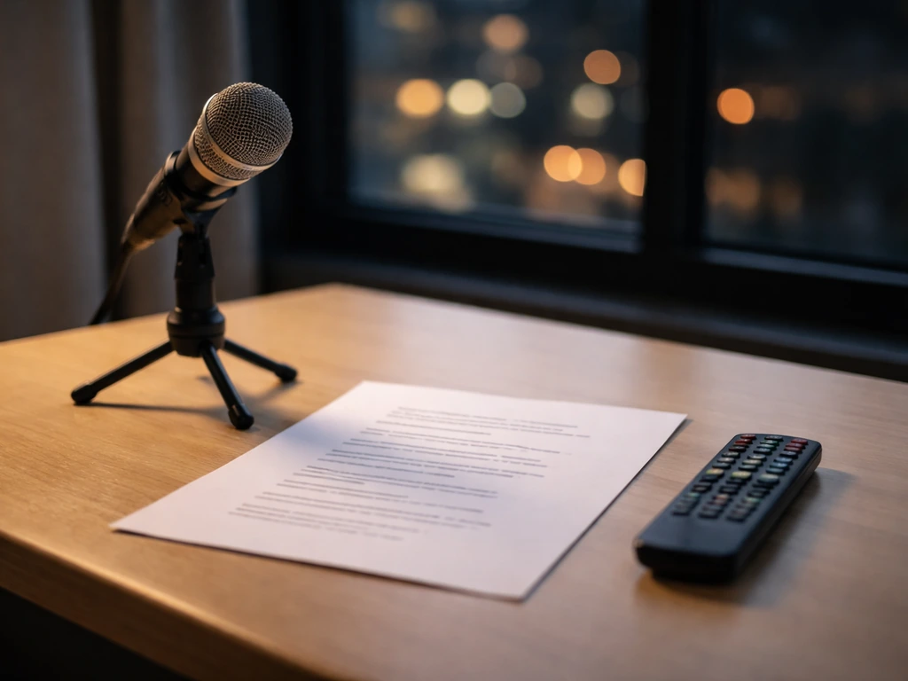 Minimal desk scene with a script page, TV remote, and a studio microphone suggesting per-episode TV income