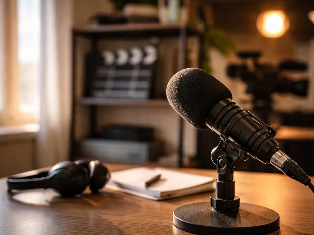 Minimal TV production office scene with a studio microphone and a framed show light, symbolizing a long acting career.
