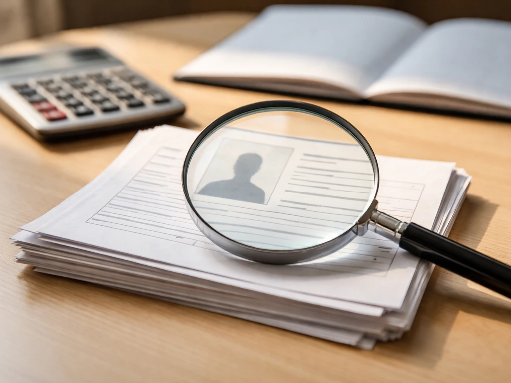Magnifying glass over generic ID document stack on a desk, with blurred calculator and ledger cues behind