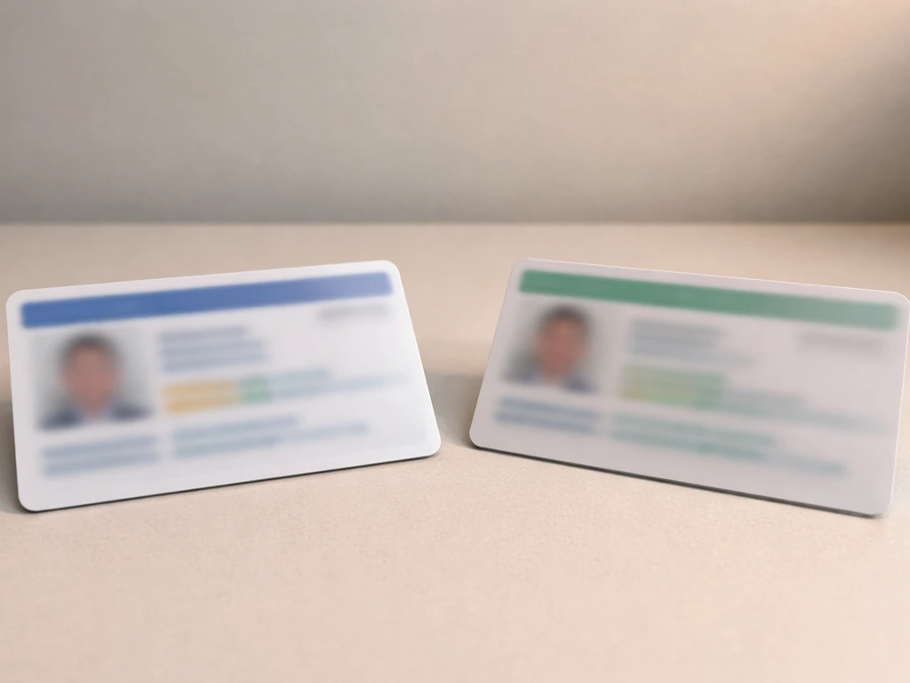 Two blurred identity-card style cards on a desk, suggesting multiple people with the same name.