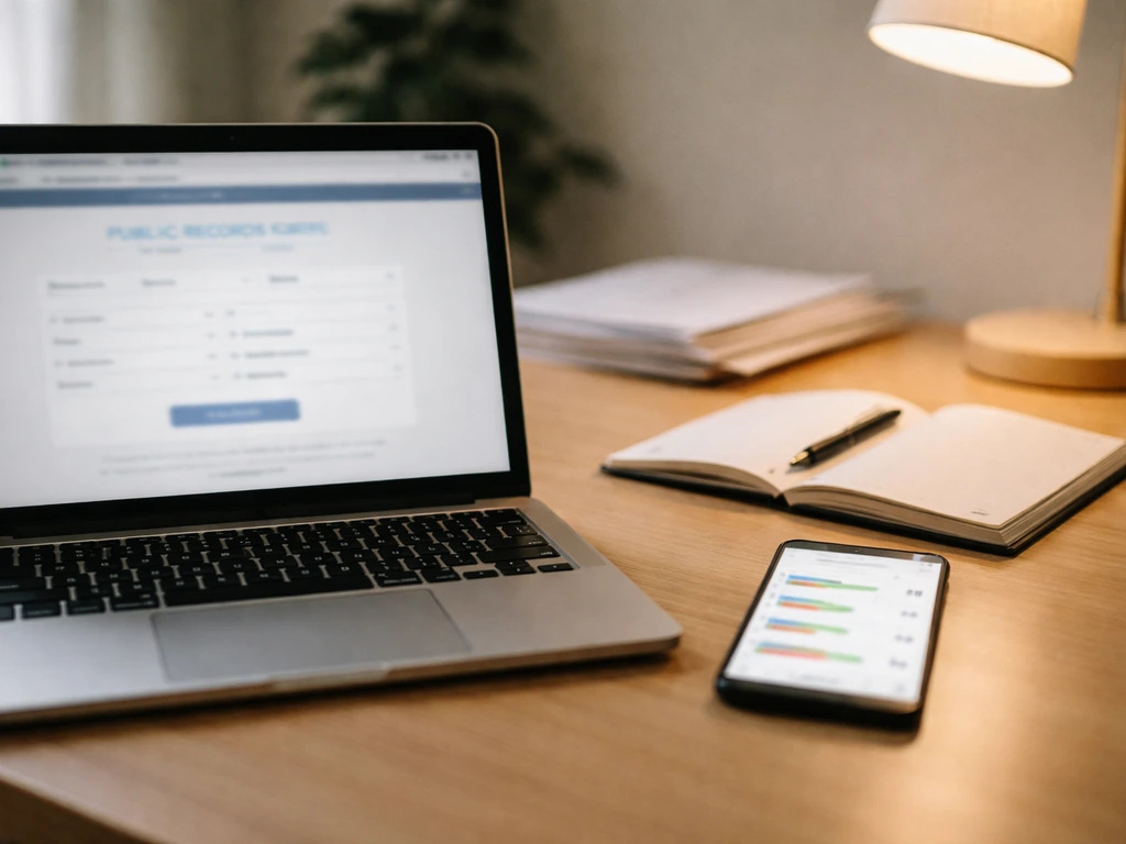 Minimal home office desk with a laptop showing blurred public-record fields next to finance indicators.