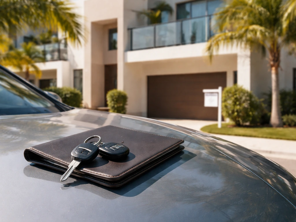 Keys, folder, and a realtor-style car in front of modern Doral-like buildings, symbolizing real estate commissions.