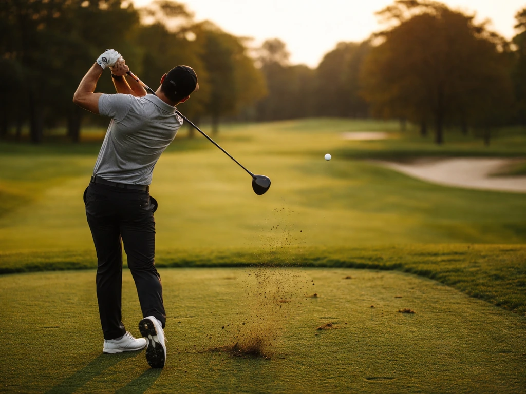 Golfer mid-swing on a quiet fairway at golden hour, minimal course scene with natural surroundings.