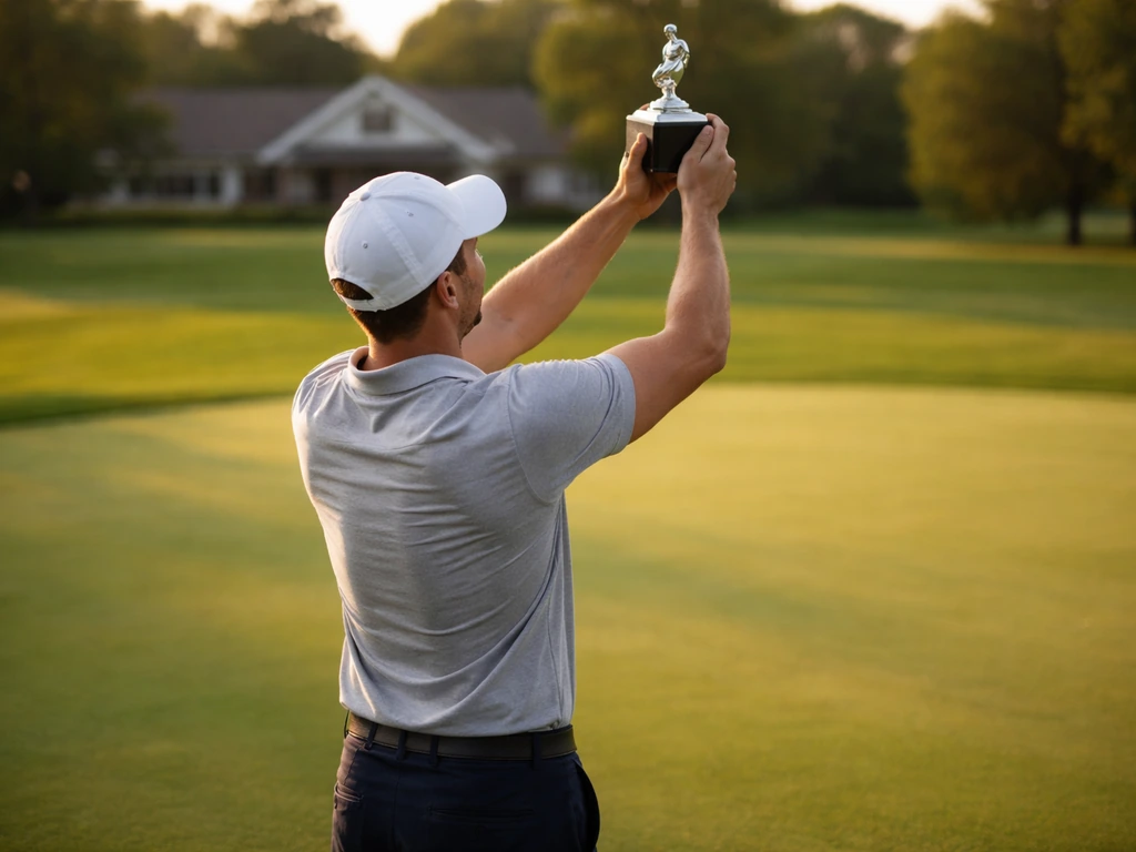 Anonymous golfer celebrating with a small trophy on a quiet golf green, softly blurred clubhouse behind