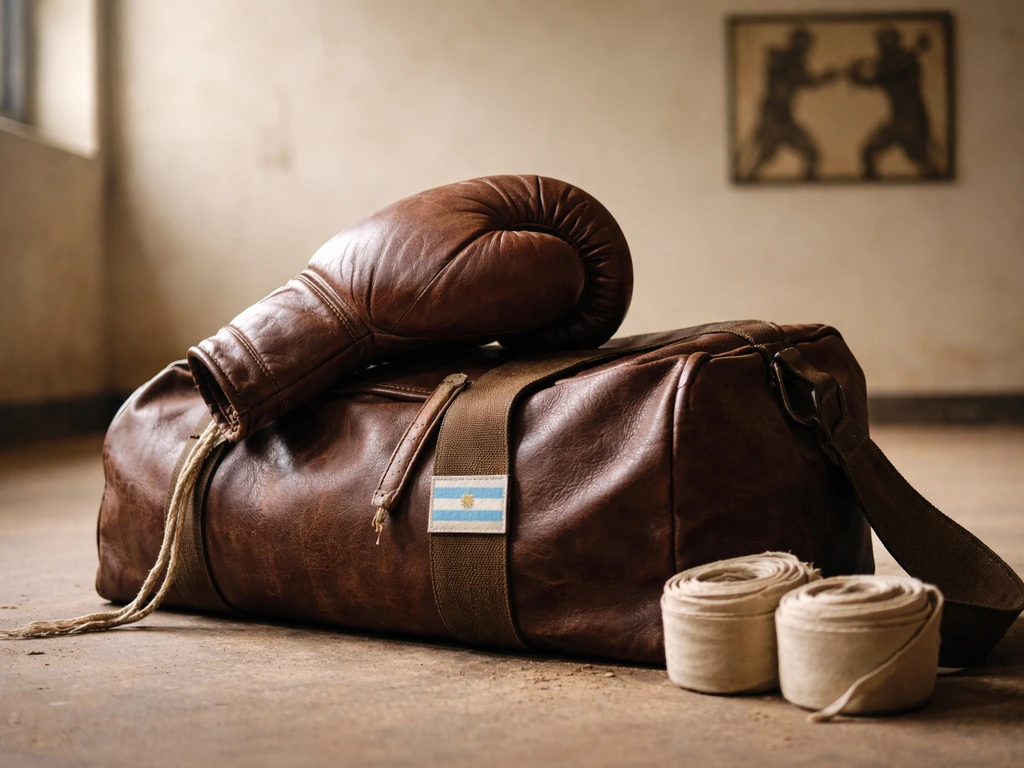Vintage boxing glove on a duffel bag in a quiet gym, hinting at Argentine boxing identity.