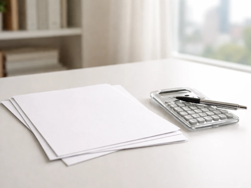 Minimal photo of layered papers and a calculator on a desk, suggesting building a financial estimate