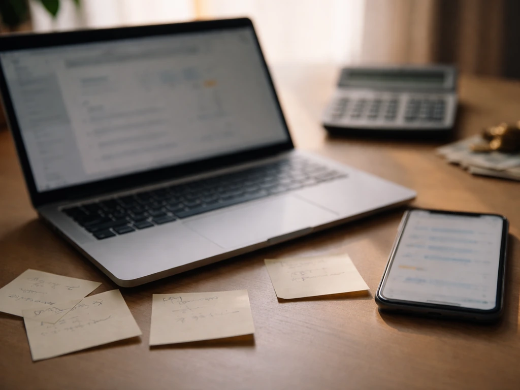 Close-up of a laptop showing mismatched finance figures with sticky notes, blurred and unlabelled