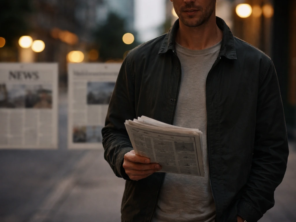 Anonymous man in a quiet city street with a newspaper-style headline blur in the background