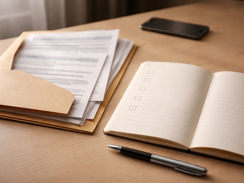 Close-up of an open notebook beside a folder of business registry and property records, symbolic checklist feel