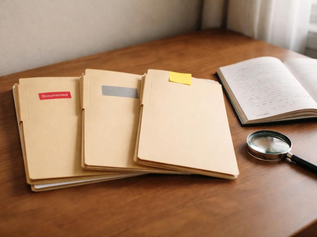 Minimal desk scene with labeled folders and a ledger-style notebook, suggesting evidence-based categories.