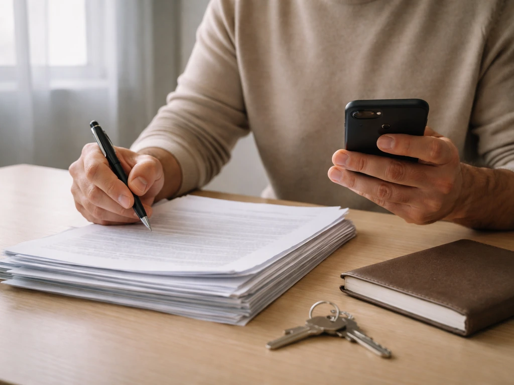 Person reviewing papers and a smartphone in a quiet home office for a step-by-step verification checklist