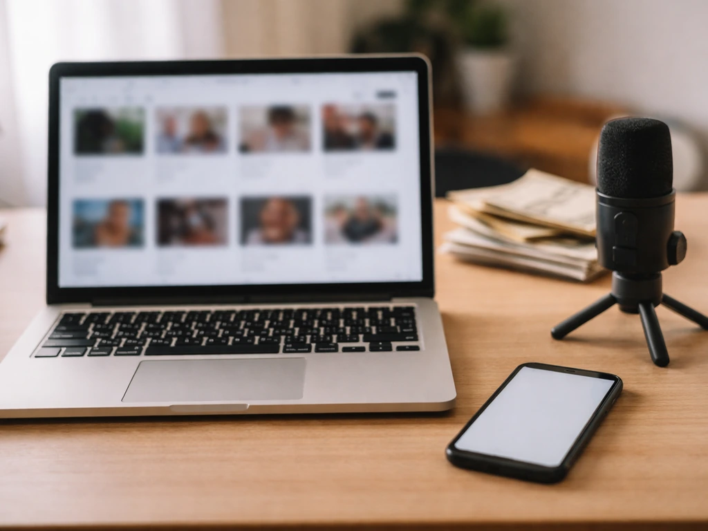 Minimal desk scene with laptop and phone beside a studio microphone, symbolizing media and wealth sources.